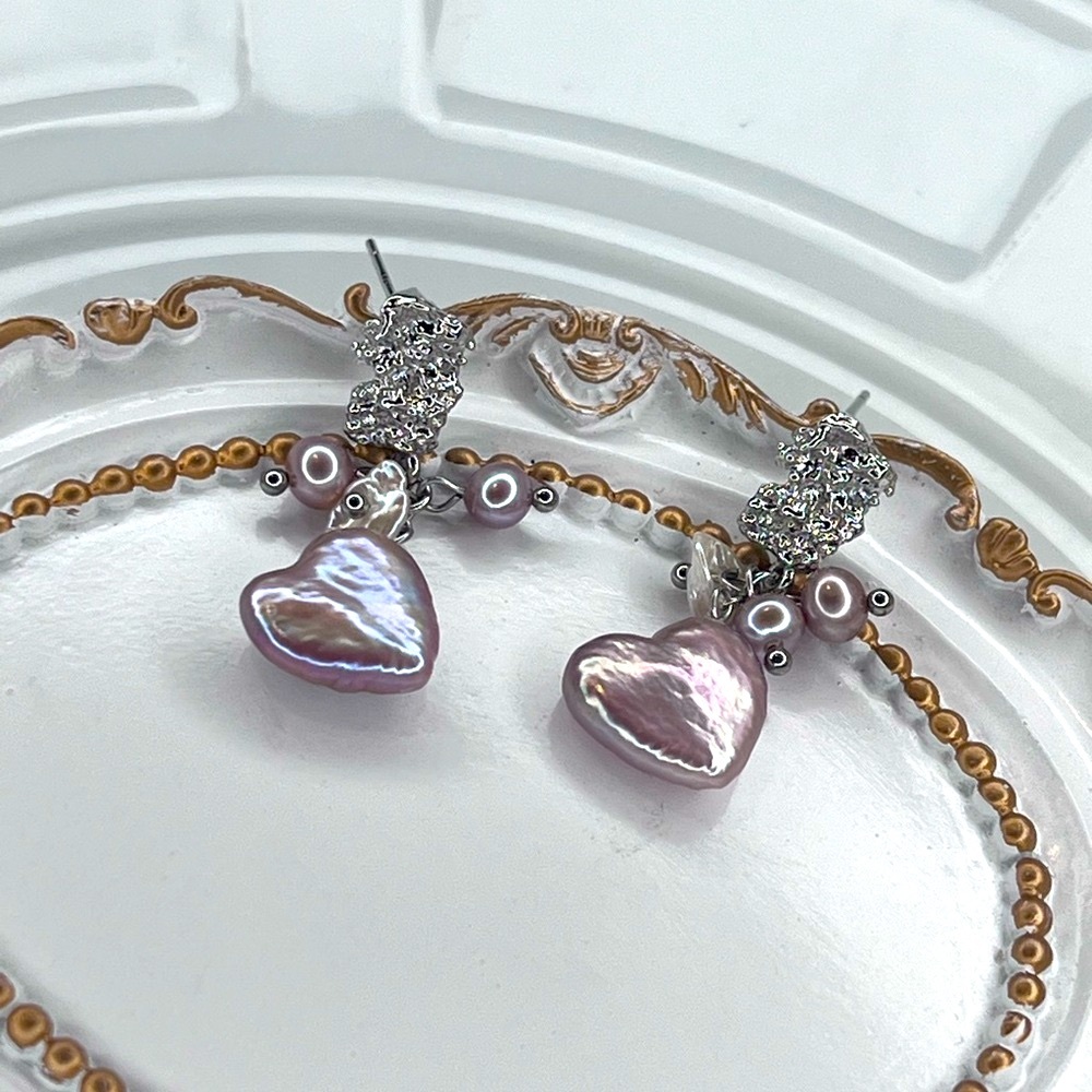 Handmade Freshwater Baroque Pearl Heart 💜 Earrings Rhodium Plated - Picture 3 of 3